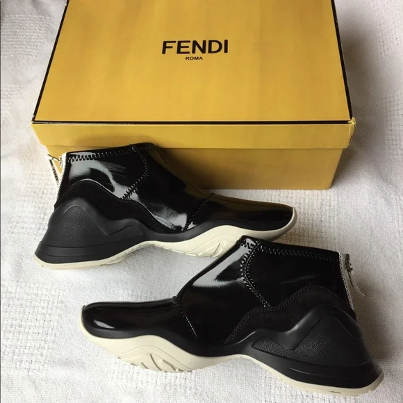 Fendi Ffluid Mid Top Glossy Sneakers Black Womens 9 US 39 EU New In Box Auth - Picture 3 of 13